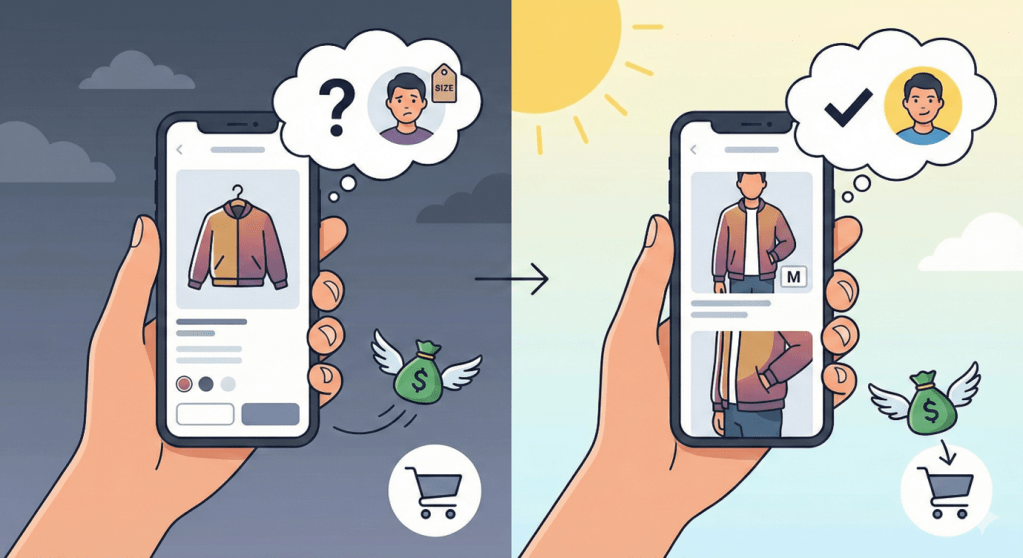 Illustration comparing two mobile shopping experiences: on the left, a shopper is unsure about jacket size and loses money; on the right, a clear fit photo with size label turns the same jacket into a confident purchase.