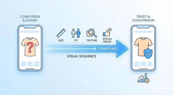 Illustration showing a mobile shopping journey from “confusion and doubt” to “trust and conversion,” with a visual sequence of size, fit, texture, and social proof icons building confidence between two phone screens displaying a t‑shirt.